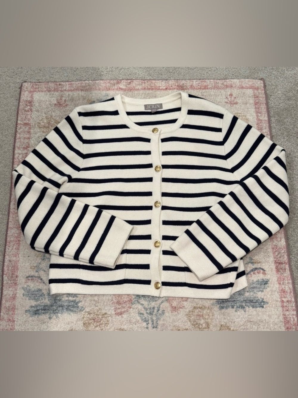 J. Crew Lady Cardigan sweater in cream and navy blue stripe